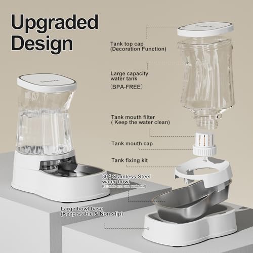 Gardner Pet Automatic Dog Water Dispenser Gravity Stainless Steel Water Waterer Feeder, 100% BPA-Free Large Capacity Water Feeding Bowls for Medium & Large-Sized Dogs Cats Other Pets -(1 Gallon) - color: White, size: 1 Gallon