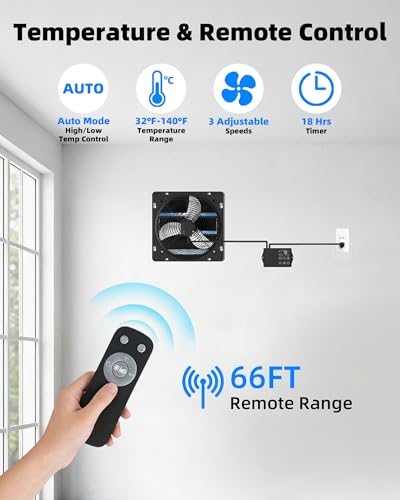 12'' Upgraded Shutter Exhaust Fan with Thermostat & Remote, 980 CFM Wall Mounted Attic Exhaust Fan, Auto On/Off by Temperature for Garage, Greenhouses, Sheds, Chicken Coops & Basement - size: 12 Inch