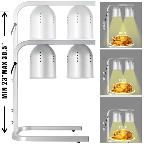 Heat Lamp for Food, with Two 250W Bulbs for Fast and Even Heating, Food Heat Lamp with Adjustable Height Stand, Commercial Food Warmer Lamp for Home, Fast Food Restaurant, Buffet, Bakery Silver - color: Silver
