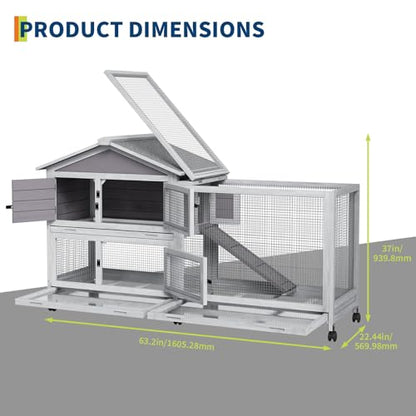 Rabbit Cage with Ramp & Waterproof Roof, Bunny Hutch for Indoor/Outdoor, 2-Story Design, Rabbit Hutch with 6 Lockable Caster Wheels & Three Pull-Out Trays（63.2" l x 22.4" w x 37"）