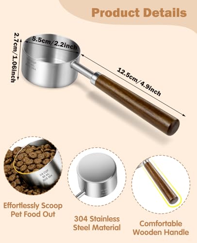 Stainless Steel Dog Food Scoop, Dog Food Measuring Cup With Measuring Lines (Cup/ML) & Long Wooden Handle, Metal Pet Food Scoop For Dogs, Cats and Kitchen Use, Dishwasher Safe (1/4 CUP) - size: 1/4 CUP