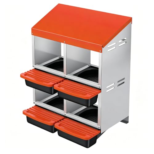 Garvee Heavy Duty Metal Chicken Nesting Box - Roll Away Egg Collector Tray - 4 Compartments Double Layer, Galvanized Steel, Wall Mount or Freestanding, Easy Clean, Orange - color: Orange, size: 4 holes 2 Tire