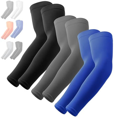 OutdoorEssentials UV Sun Sleeves for Men & Women, Cooling Arm Sleeves UPF 50+ | Golf, Tattoo Cover Up, Sun Protection - color: (3 Pairs): 1 Black, 1 Dark Gray, 1 Blue