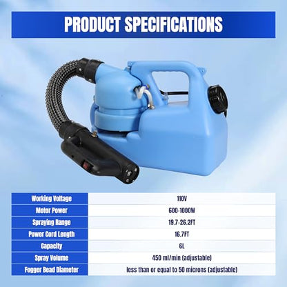 ULV Fogger Machine 6L (1.58 Gallon) Electric Portable Fogger Sprayer Ultra-Low Volume Atomizer for Indoor Home Hotel Outdoor Yard Gardens Church School