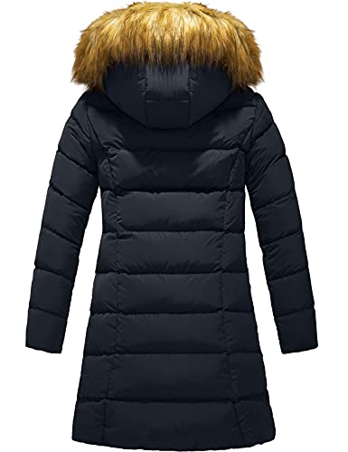 Szory Women's Winter Down Puffer Mid Length Pocket Coat with Removable Fur Hood - color: Navy, size: Medium