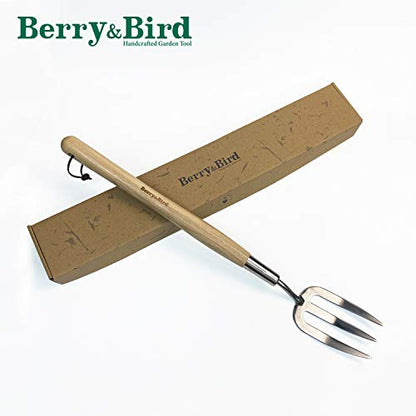 Berry&Bird Gardening Hand Fork, 22.6 Inches Long Handled Stainless Steel Weed Fork, Traditional Garden Hand Fork Tool with Ergonomic Ash Wood Handle for Weeding, Digging, Planting and Cultivating - size: Hand Fork