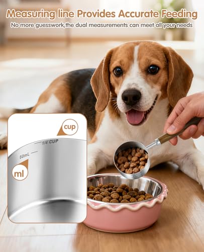 Stainless Steel Dog Food Scoop, Dog Food Measuring Cup With Measuring Lines (Cup/ML) & Long Wooden Handle, Metal Pet Food Scoop For Dogs, Cats and Kitchen Use, Dishwasher Safe (1/4 CUP) - size: 1/4 CUP