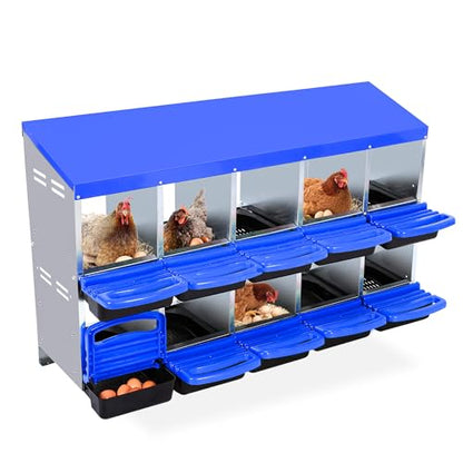 Chicken Nesting Box 10-Hole Roll Away Egg Laying Box with Lid, Galvanized Steel Rustproof Poultry Coop Box, Easy Clean, Wall Mountable No Bracket Needed for Hens, Blue - color: Blue, size: 10 holes