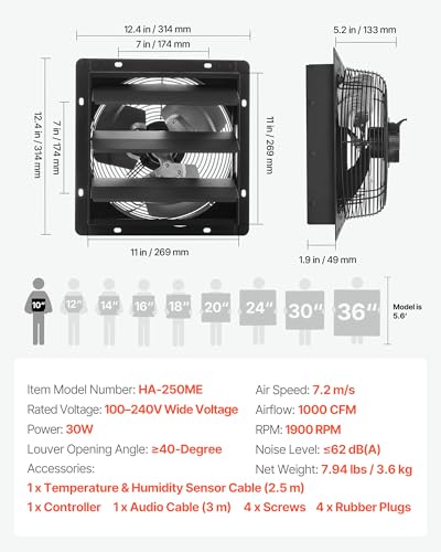 VEVOR 10 inch Exhaust Fan, Wall Mounted Attic Fan with Variable Speed, Temperature & Humidity Controller, 1000 CFM, Automatic Shutter - size: 10 Inch