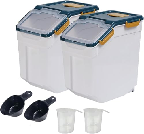 AnRui Flour Storage Container 25lb, Grain Storage Bucket, Airtight Rice Cereal Dispenser Organizer Box with Lid, Wheat Berry Storage Bin with Measuring Cup, Scoop, Wheels, 2Pcs Blue - color: 2Pcs Blue