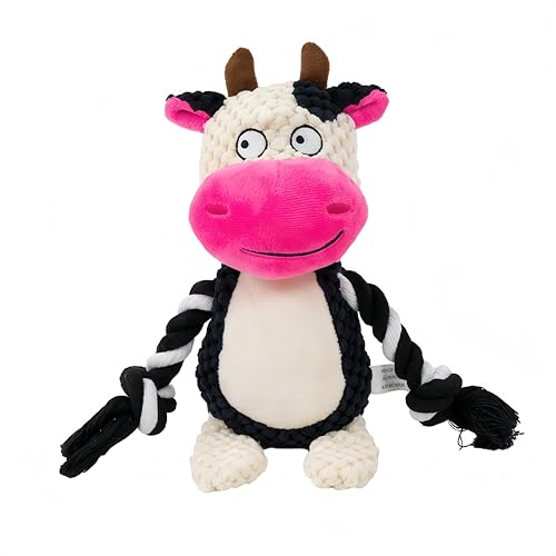 Dog Toy with Rope Arms Dairy Cow, Squeaky Interactive Pet Toy, Purple, for Small & Medium Dogs - color: White & Pink