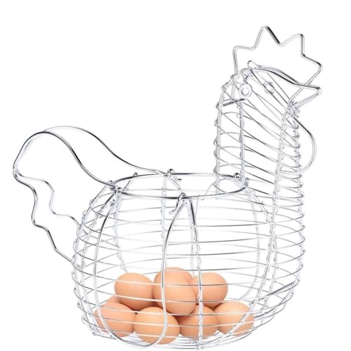 Egg Basket Holder Countertop Metal Wire Egg Basket With Handle, Chicken Shaped Collection Storage Portable Collecting Portable