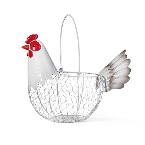 Farmhouse Rustic White Chicken Wire Metal Egg Basket With Handle,Vintage Rooster Decorative Chicken Shaped Fruit Basket Bowl for Kitchen Countertop Living Room Home Farm Table Decor - color: Rustic White