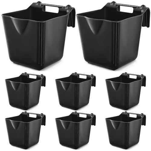 Marsui 8 Pcs 15 Quart Horse Feeders for Stall Hook Over Hanging Fence Hay Feeder Mountable Livestock Plastic Feed Bucket for Farm Stalls Pasture, Stable to Feed Horses Sheep Cattle Cows Etc (Black) - color: Black