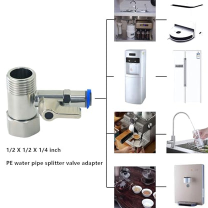 1/2" x 1/2" x 1/4" Tee Stop Valve, Stainless Steel RO Water Branch Tee | Heavy-duty stainless tee for RO, coffee & fridge ice makers. Connects 1/2" line to 1/4" tubing – no extra reducer needed. - style: 1/2*1/2*1/4Three-Way Ball Valve