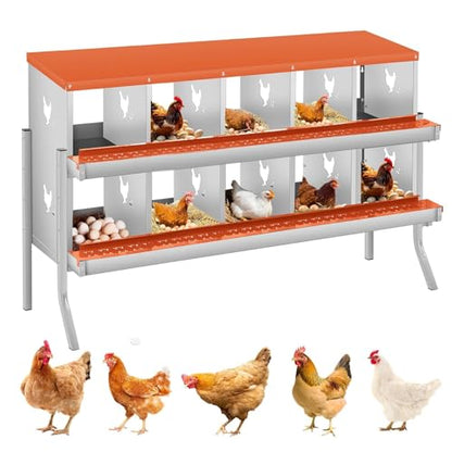 Garvee Chicken Nesting Box, 10 Compartments Nesting Box for Chickens, Galvanized Steel Chicken Laying Box for Easy Egg Collection, Wall Mounting - color: Orange | 10 Compartment+legs