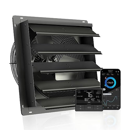 AC Infinity AIRLIFT T16, Shutter Exhaust Fan 16" with WiFi Temperature Humidity Controller, EC-Motor Wall Mount Ventilation and Cooling for Sheds, Attics, Workshops, and Greenhouses
