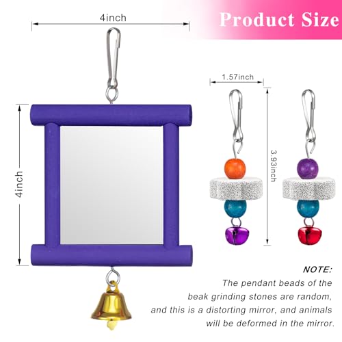 Sumind 2 Pieces Chicken Mirror Toys Hanging Swing Mirror with Bell Wooden Pecking Toy and 4 Pieces Beak Grinding Molar Stones for Hens Birds Parrots(Green,Purple) - color: Green,Purple