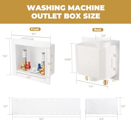 Press Washing Machine Outlet Box with Stainless Steel Water Hammer Arrestor, Center Drain, 1/2 Inch Press (Copper Pipe Only, Press Tool Required) x 3/4 Inch MHT, Washer Faucet Recessed Box - color: PRESS/SS Arrestor