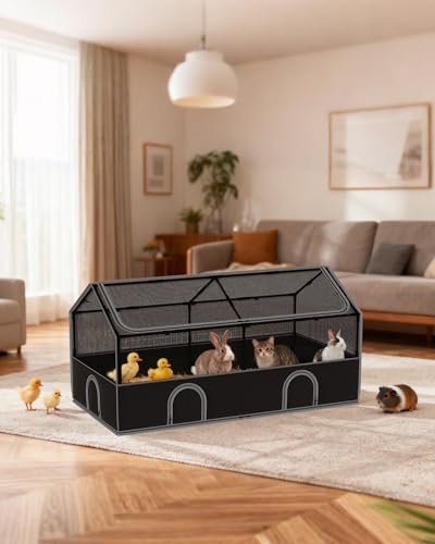DINMO Small Animal Playpen, 65" Large Chicken Brooder Box with Cover, Waterproof Indoor Outdoor Pet Cage with Sturdy Metal Frame for Bunny, Guinea Pig, Kitten, Puppy, Duck, Hamster, Hedgehog & Black