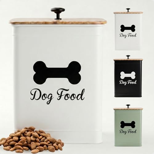 Dog Food Container Airtight Bamboo Lid 5-7 lb, 25 Cups, Sturdy Metal Handle | Pet Jar For Dogs up to 50lbs, Airtight Bamboo Lid, Sturdy Comfortable Metal Handle, Powder Coated Iron, Kibble Storage Bin - color: White