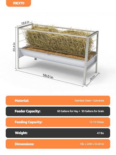 Livestock Feeder, 2-in-1 Hay Feeder and Grain Trough, 90 Gallon Goat Feeder with Waste-Reducing Lower Tray, Heavy Duty Steel Feeder for Goats, Sheep, Horses and Cattle