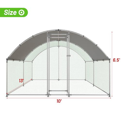 NUGRIART Large Metal Chicken Coop Walk-in Poultry Cage with Water-Resident and Anti-UV Cover Duck Rabbit Cat House Outdoor Chicken Run Pen with Round Roof - size: 13’L×10’W×6.5’H