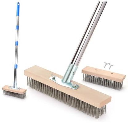 Stainless Steel Wire Scrub Brush with 63" Long Handle, 2PCS 12" Brush Heads, Heavy Duty Large Wire Brush, Stiff Metal Bristle Floor Scrubber, Patio Floor Cleaning, Wire Broom for Concrete, Deck, Moss - size: With 2PCS 12-inch brush head