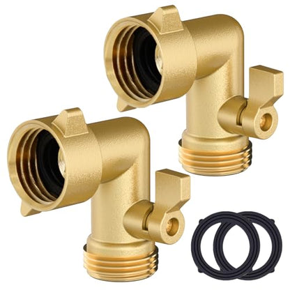 Twinkle Star 90 Degree Garden Hose Elbow with Shut Off Valve, 2 Pack | 3/4" Heavy Duty Hose Adapter, 2 O-rings, Solid Brass Connector - color: 90° Hose Elbow with ShutOff Valve