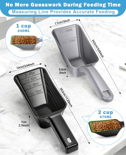 2-Pack Dog Food Scoop Set,1 Cup and 2 Cup Plastic Pet Food Measuring Scoops with Clear Measurement Lines,Multi-Purpose Pet Food Scooper for Dogs, Cats (Grey and Black) - color: Grey and Black