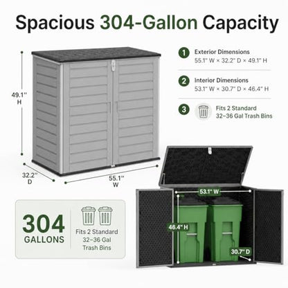 UHOMEPRO 4.6 Ft. X 4.1 Ft Outdoor Horizontal Storage Shed, Resin Storage Shed with Double Lockable Doors, Garbage Can Shed and Garden Tools Storage, Highly Water Resistant