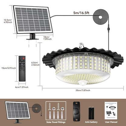 Solar Lights Outdoor Waterproof,396 LED Solar Shed Light Indoor Outdoor | 5 Smart Modes, Motion Sensor, Dusk to Dawn, Timer Schedule, for Chicken Coop, Gazebo, Shop, 16.4ft Cable