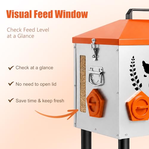 TGEYD 50LB Large Chicken Feeder – 8 Feeding Ports, No-Waste Poultry Feeder with Transparent Viewing Window, Anti-Roost Lid, & Scale-Mark Round Legs