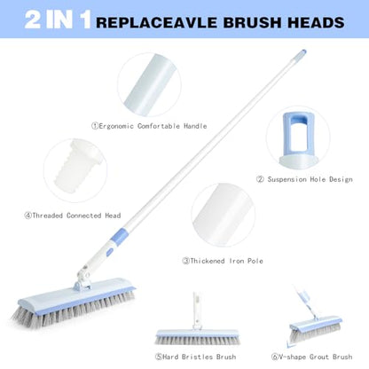 Floor Scrub Brush and V-Shape Grout Brush with Long Handle 3 in 1 Replaceable Head Scrape Brush Stiff Bristle with Swivel Head for Cleaning Tiles Hardwood Floors Patios Blue - color: Blue White