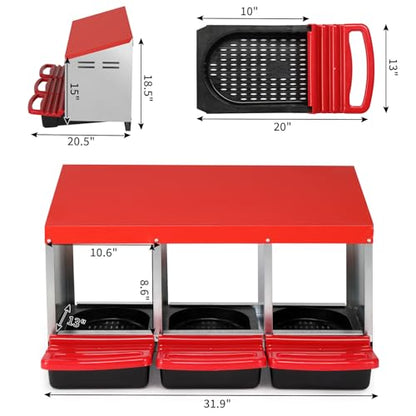 VINGLI Chicken Nesting Box 3-Compartment Roll-Out with Plastic Baskets, Egg Nesting Boxes for Hens, Chicken Coop Laying Box, Red