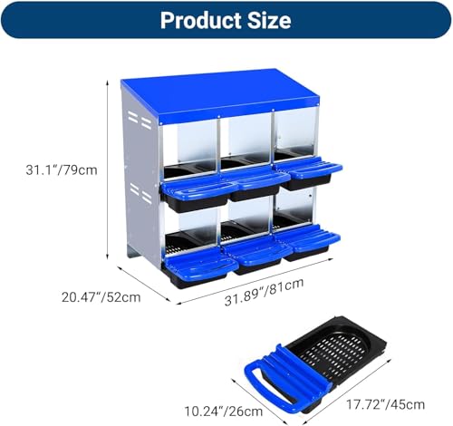 Chicken Nesting Box, 6 Hole 2 Layer Hen Nest Boxes with Legs, Roll-Away Egg Collection System with Ventilation Holes，Rustproof Plastic Tray & Keyhole Mounting, Chicken Laying Box - color: Blue, size: 6 holes