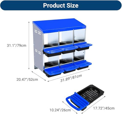 Chicken Nesting Box, 6 Hole 2 Layer Hen Nest Boxes with Legs, Roll-Away Egg Collection System with Ventilation Holes，Rustproof Plastic Tray & Keyhole Mounting, Chicken Laying Box - color: Blue, size: 6 holes