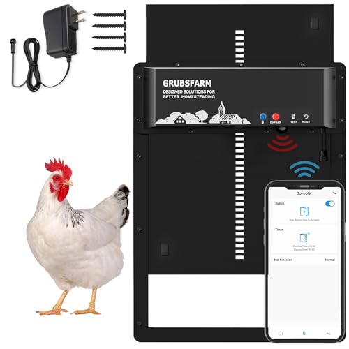 Automatic Chicken Coop Door, Programmable via App Timer, Solar/Battery/Grid Powered Design with Anti-Pinch Protection, Waterproof Aluminum Auto Door for Chickens & Ducks,Plug & Play Setup - GRUBSFARM