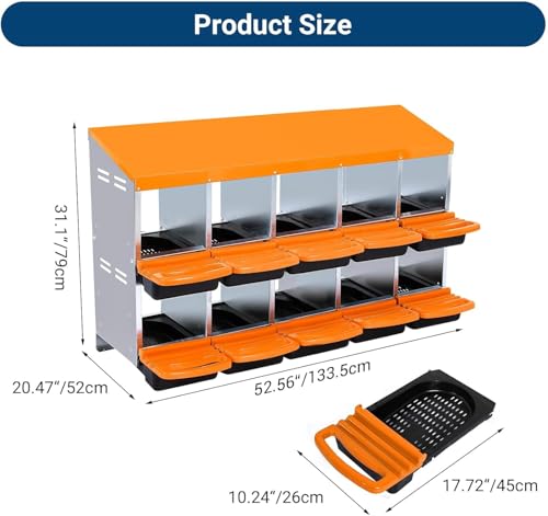 Chicken Nesting Box,10 Hole 2 Layer Hen Nest Boxes, Roll-Away Egg Collection System with Ventilation Holes，Rustproof Plastic Tray & Keyhole Mounting, Chicken Laying Box - color: Orange, size: 10 holes