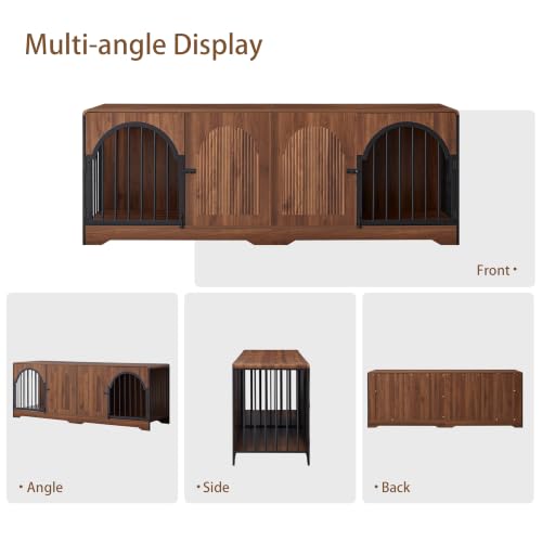 87" Extra Large Dog Crate TV Stand for 2 Dogs, Double Dog Crate with Removable Divider, Heavy Duty Wooden Dog Kennel with Arched Metal Doors & 4.3" Robot Vacuum Clearance, Ships in 2 Boxes (Walnut) - color: Walnut