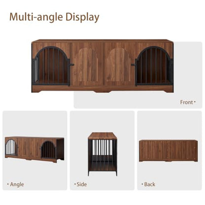87" Extra Large Dog Crate TV Stand for 2 Dogs, Double Dog Crate with Removable Divider, Heavy Duty Wooden Dog Kennel with Arched Metal Doors & 4.3" Robot Vacuum Clearance, Ships in 2 Boxes (Walnut) - color: Walnut