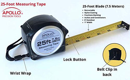 Apollo Tools Measuring Tape, 25 Foot Tape Measure with Retractable Blade, Fraction Markings, 1 Inch Nylon Blade, 8 Foot Standout, Lock Button and Belt Clip - Black - DT5002 - color: Black