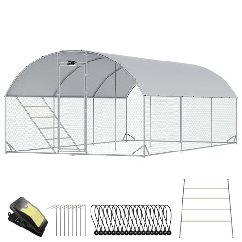 CHIKENCOOP 19.5x6.5x6.6ft Metal Chicken Coop, Full-Cover 3-Room Chicken Run | Upgraded three-room walk-in run with continuous waterproof UV-resistant cover, solar light, rear supports, and lower braces - size: 239.0"L x 118.0"W x 78.0"H