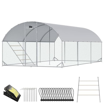CHIKENCOOP 19.5x6.5x6.6ft Metal Chicken Coop, Full-Cover 3-Room Chicken Run | Upgraded three-room walk-in run with continuous waterproof UV-resistant cover, solar light, rear supports, and lower braces - size: 239.0"L x 118.0"W x 78.0"H