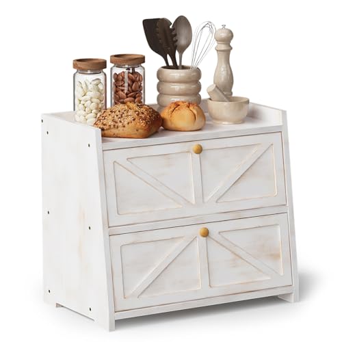 Trironsun Vintage Double Layer Bread Box for Kitchen Counter Bamboo Bread Storage Container Large Capacity Bread Storage Bin (Antique White) - color: Antique White
