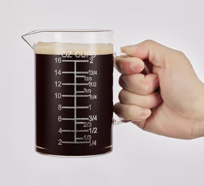 Ackers Etched Graduated Glass Measuring Cup - [Insulated Handle | V-Shaped Spout] - High Borosilicate Glass Measuring Cup for Kitchen or Dining, Easy to Read, 500 ML (16 Oz, 2 Cup) - size: 500 ML (16 Oz, 2 Cup) - Etched Graduated