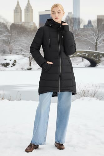 Orolay Women's Winter Down Jacket Long Quilted Puffer Coat Warm Hooded Slim Fit Outerwear - color: Black, size: Large
