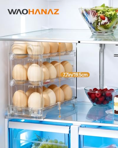 3-Tier Egg Holder, Holds 30 Eggs with Lift-Up Layers & Date Tracker, Multi-Use egg Organizer with Handle for Countertop, Pantry, Refrigerator, Clear