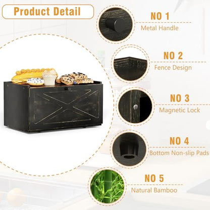 Trironsun Bamboo Bread Box for Kitchen Counter Farmhouse Bread Storage Container Large Capacity Bread Storage Bin Bread Holder (Antique Back) - color: Antique Back
