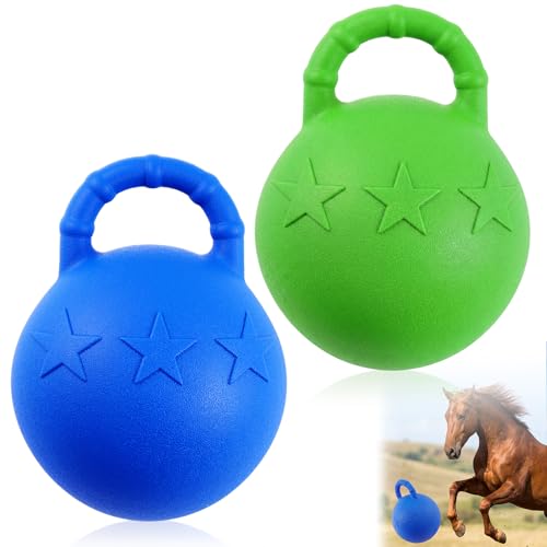 Seenelling 2 Pcs 10 Inch Horse Ball with Handle, Fruit Scented Horse Stall Toy, Anti Burst Slow Rebound Rubber Equine Play Herding Ball for Boredom Relief, Stable Enrichment Interactive (Blue,Green) - color: Blue,Green